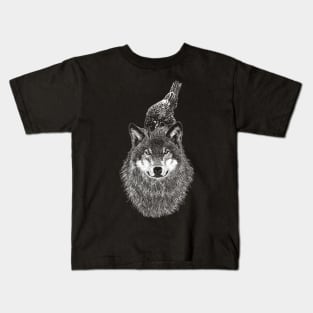 Animal Illustration - Wolf And Crow Kids T-Shirt